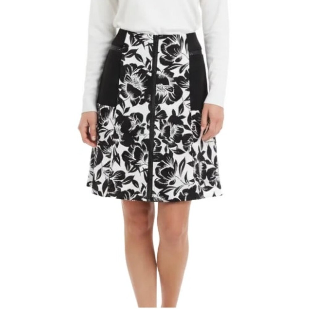 Worthington Skirt Front Zip Floral Black and White Stretch Pockets Womens Size 8